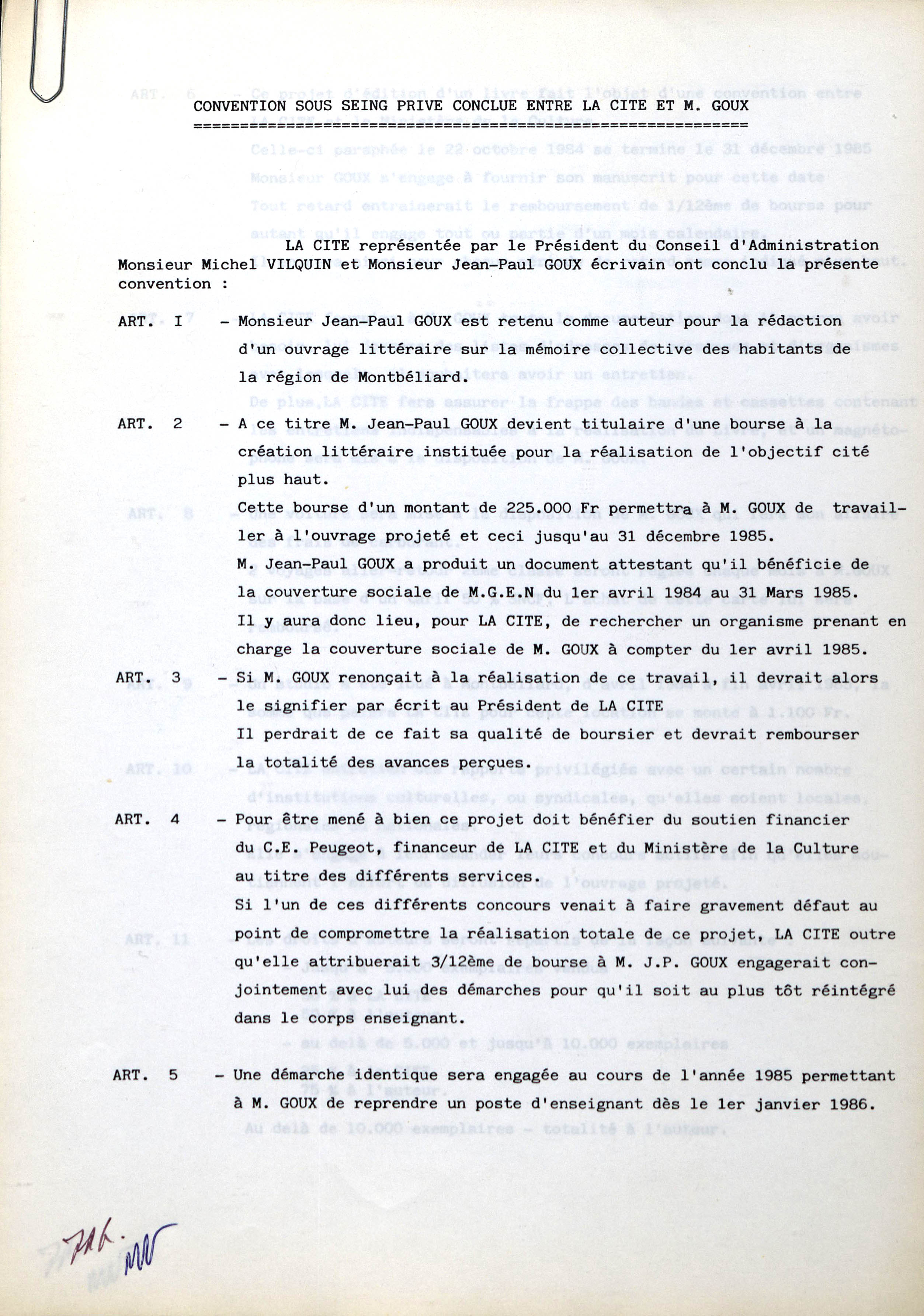 Première page du contrat signé entre la Cité et Jean-Paul Goux (21 avril 1984)