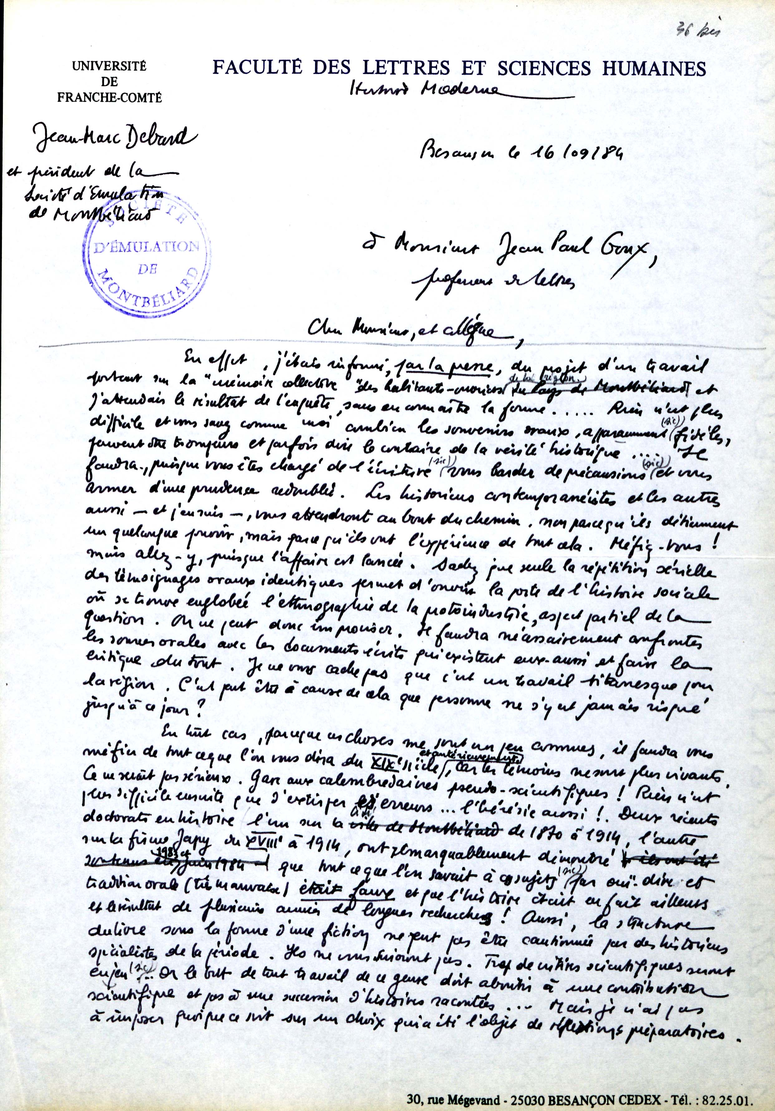 Lettre (extrait) de Jean-Marc Debard à Jean-Paul Goux (16 septembre 1984)