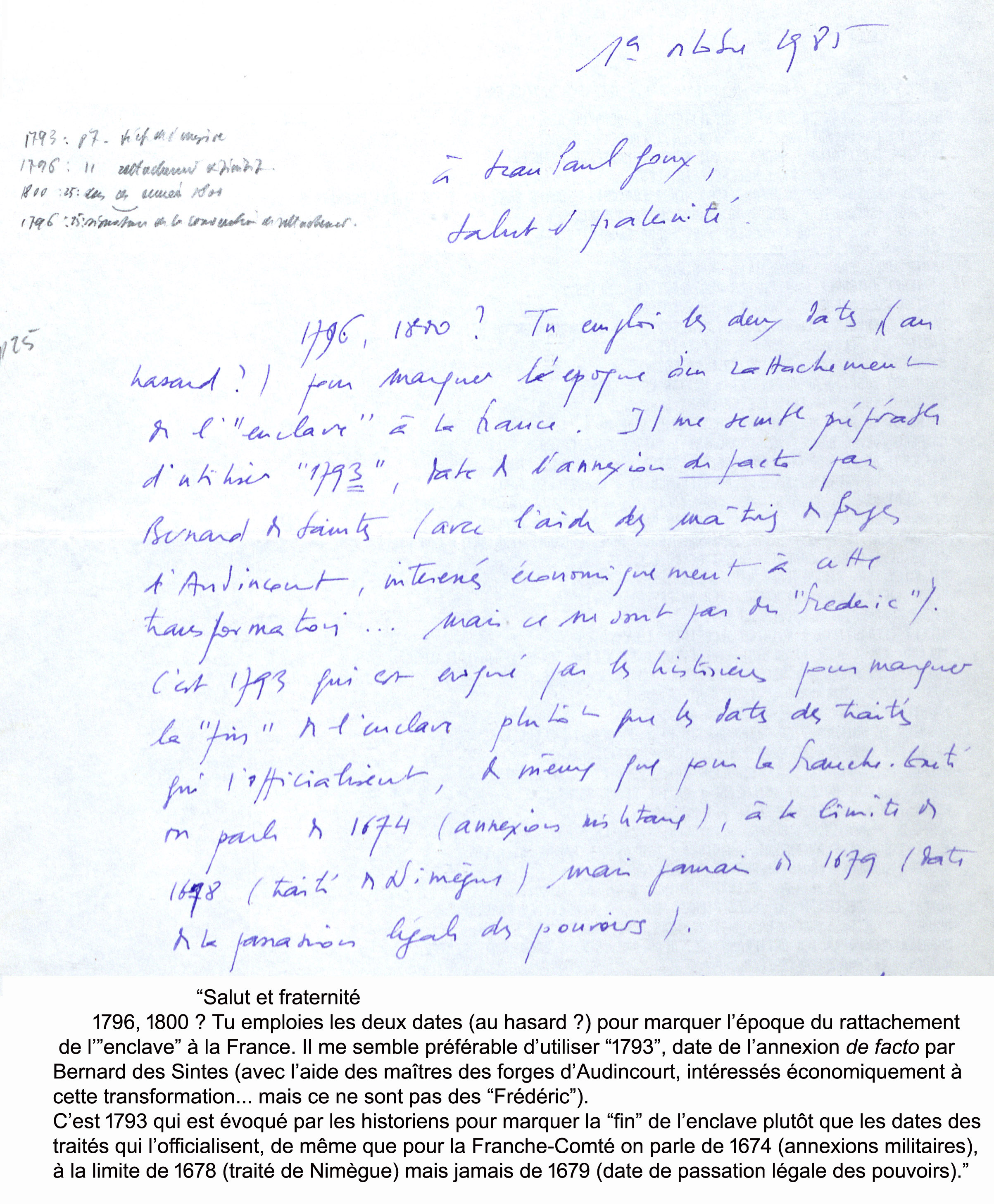 Lettre de François Lassus à Jean-Paul Goux (1er octobre 1985)