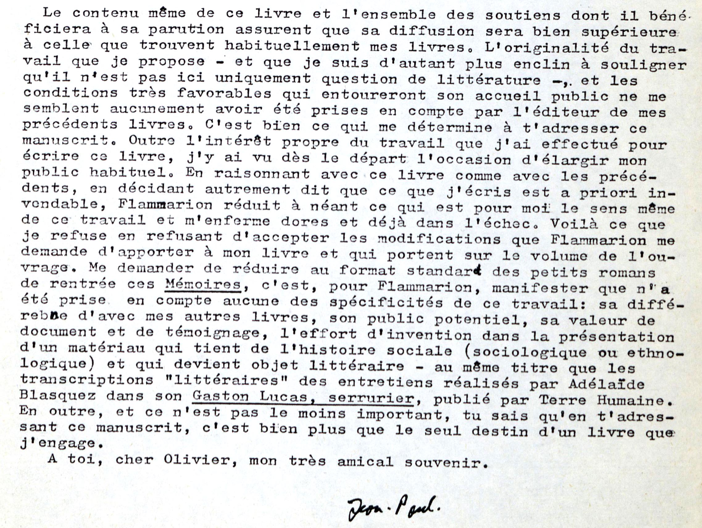 Lettre de Jean-Paul Goux à Oliver Cohen, le 25 novembre 1985 (extrait)