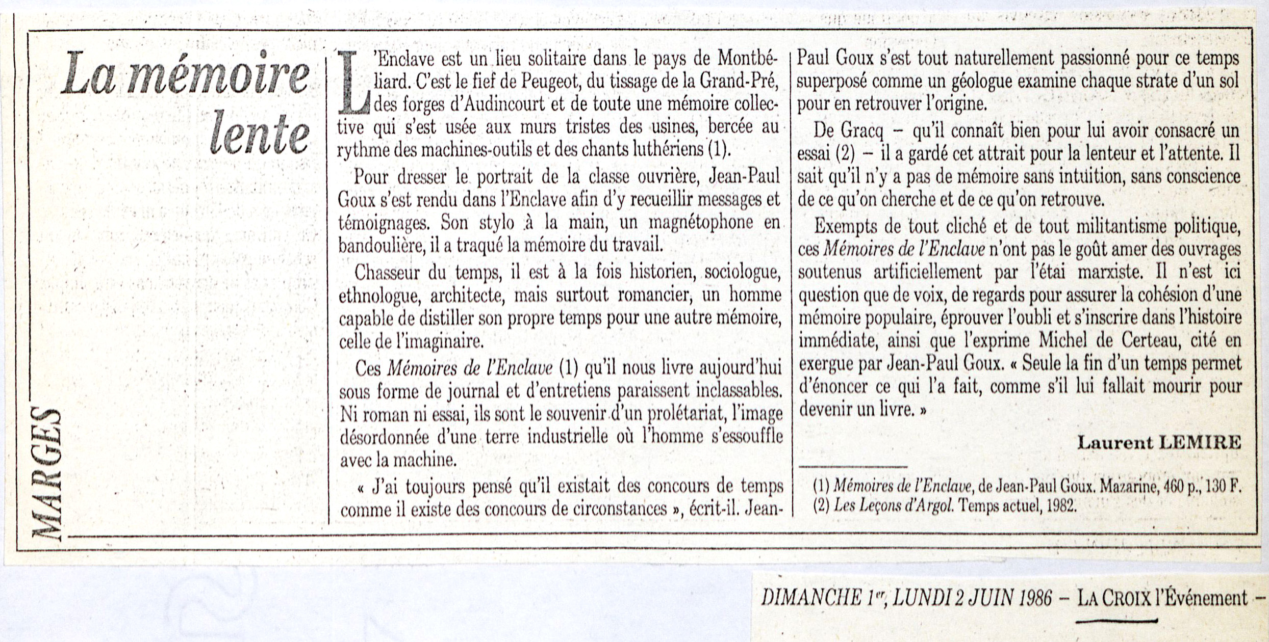 Compte-rendu de Laurent Lemire dans La Croix (2 juin 1986)